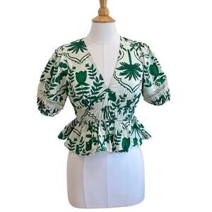 Band of the Free Green Tropical Leaf Cropped Top, Puffed Sleeves, Size XS